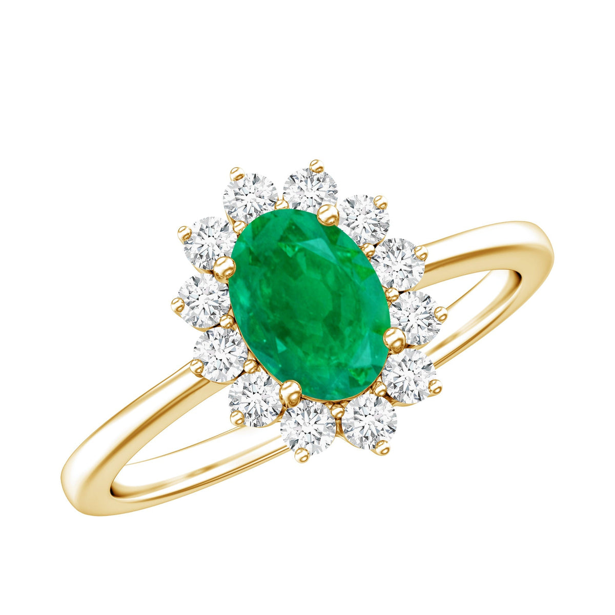 Emerald Engagement Ring - 0.7 Carat Oval Diamond Halo Prong Setting Jewelry