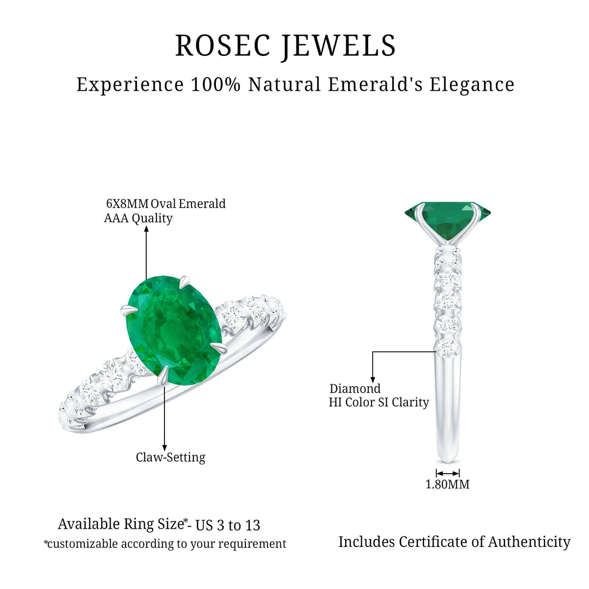 Emerald Engagement Ring – 1.2 Carat Oval Emerald with Diamond Side Stones | Claw Setting