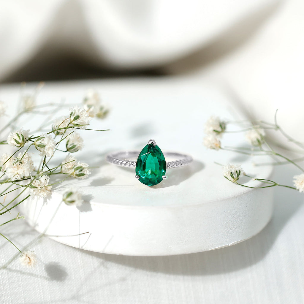 Emerald Engagement Ring - 2 Carat Lab Created Pear Shape Solitaire with Hidden Diamond Detail