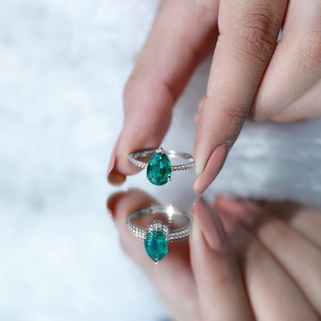 Emerald Engagement Ring - 2 Carat Lab Created Pear Shape Solitaire with Hidden Diamond Detail