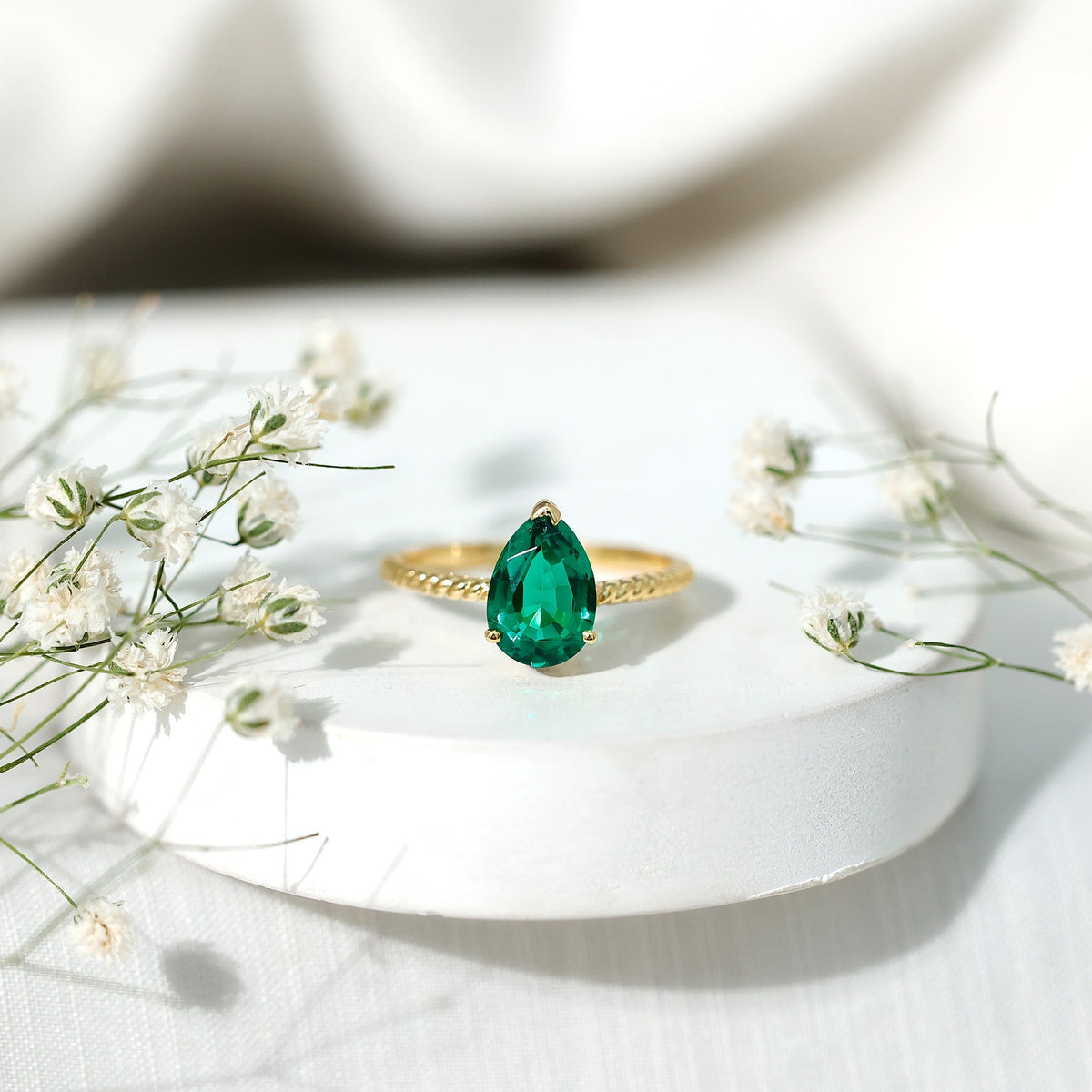 Emerald Engagement Ring - 2 Carat Lab Created Pear Shape Solitaire with Hidden Diamond Detail