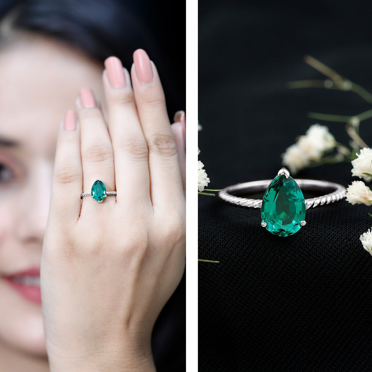Emerald Engagement Ring - 2 Carat Lab Created Pear Shape Solitaire with Hidden Diamond Detail
