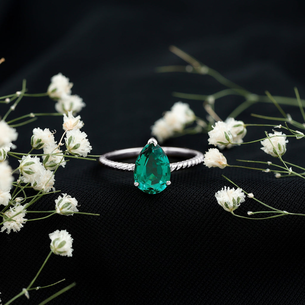Emerald Engagement Ring - 2 Carat Lab Created Pear Shape Solitaire with Hidden Diamond Detail