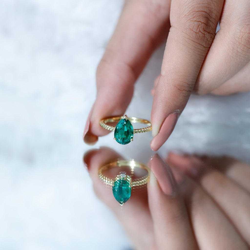 Emerald Engagement Ring - 2 Carat Lab Created Pear Shape Solitaire with Hidden Diamond Detail