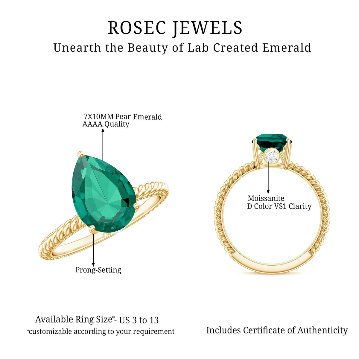 Emerald Engagement Ring - 2 Carat Lab Created Pear Shape Solitaire with Hidden Diamond Detail