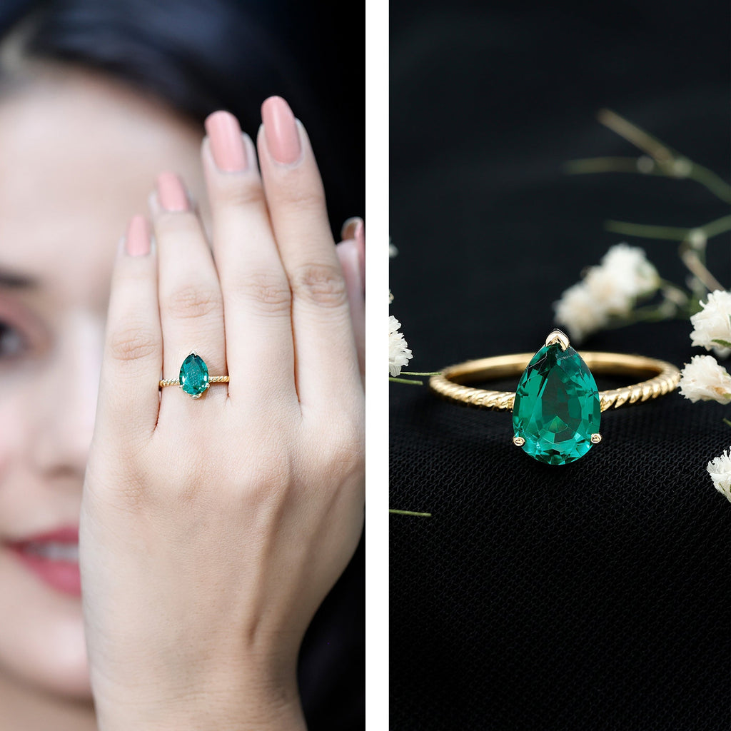 Emerald Engagement Ring - 2 Carat Lab Created Pear Shape Solitaire with Hidden Diamond Detail