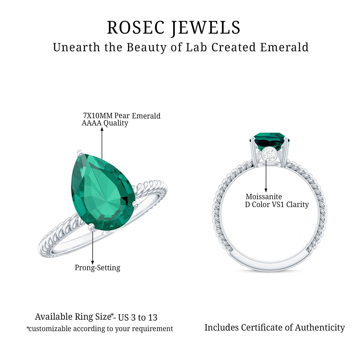 Emerald Engagement Ring - 2 Carat Lab Created Pear Shape Solitaire with Hidden Diamond Detail