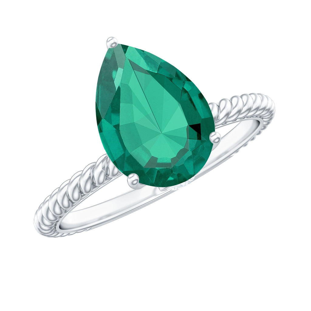 Emerald Engagement Ring - 2 Carat Lab Created Pear Shape Solitaire with Hidden Diamond Detail