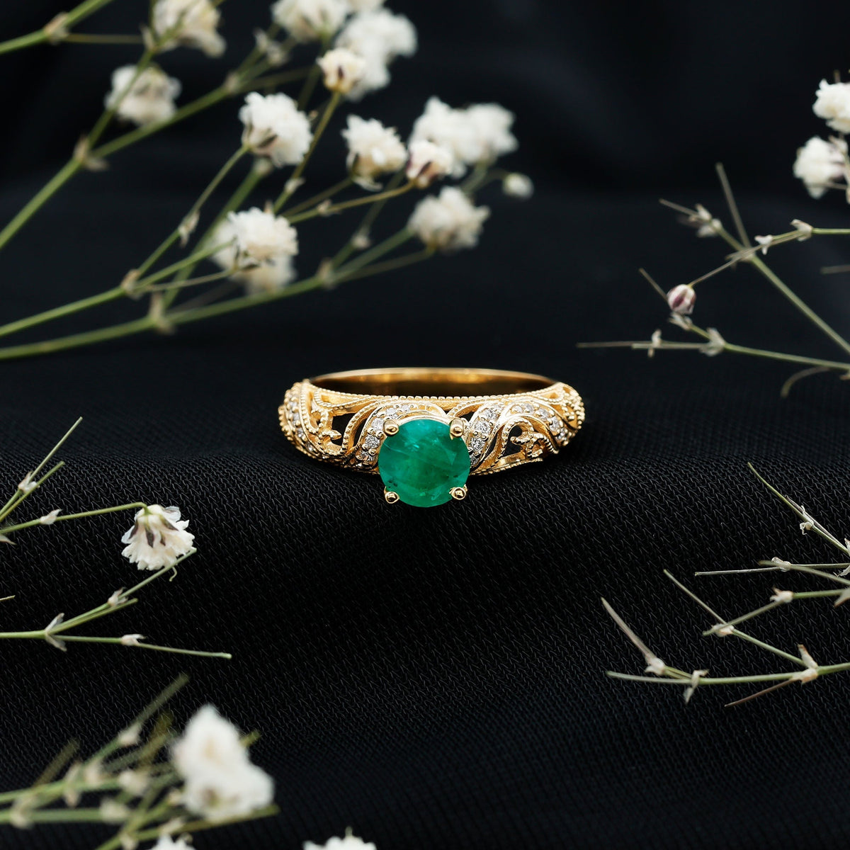 Emerald Engagement Ring - 5mm Round AAA Quality Emerald with HI-SI Diamonds & Vintage Style