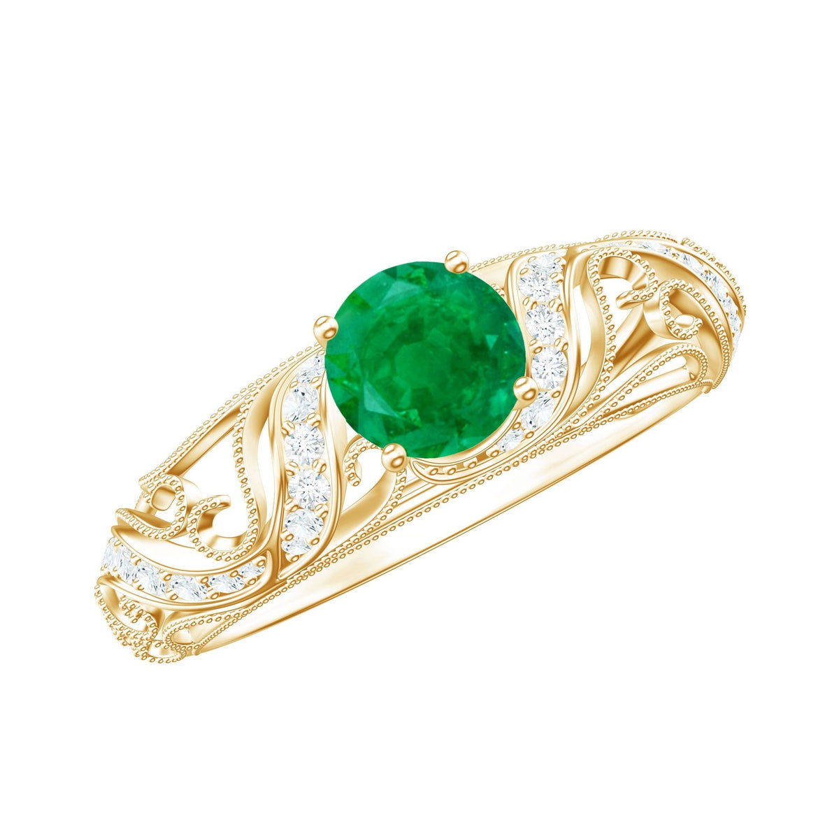 Emerald Engagement Ring - 5mm Round AAA Quality Emerald with HI-SI Diamonds & Vintage Style