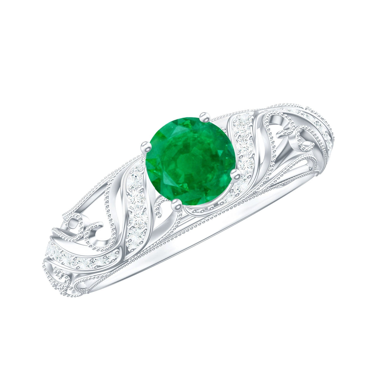 Emerald Engagement Ring - 5mm Round AAA Quality Emerald with HI-SI Diamonds & Vintage Style