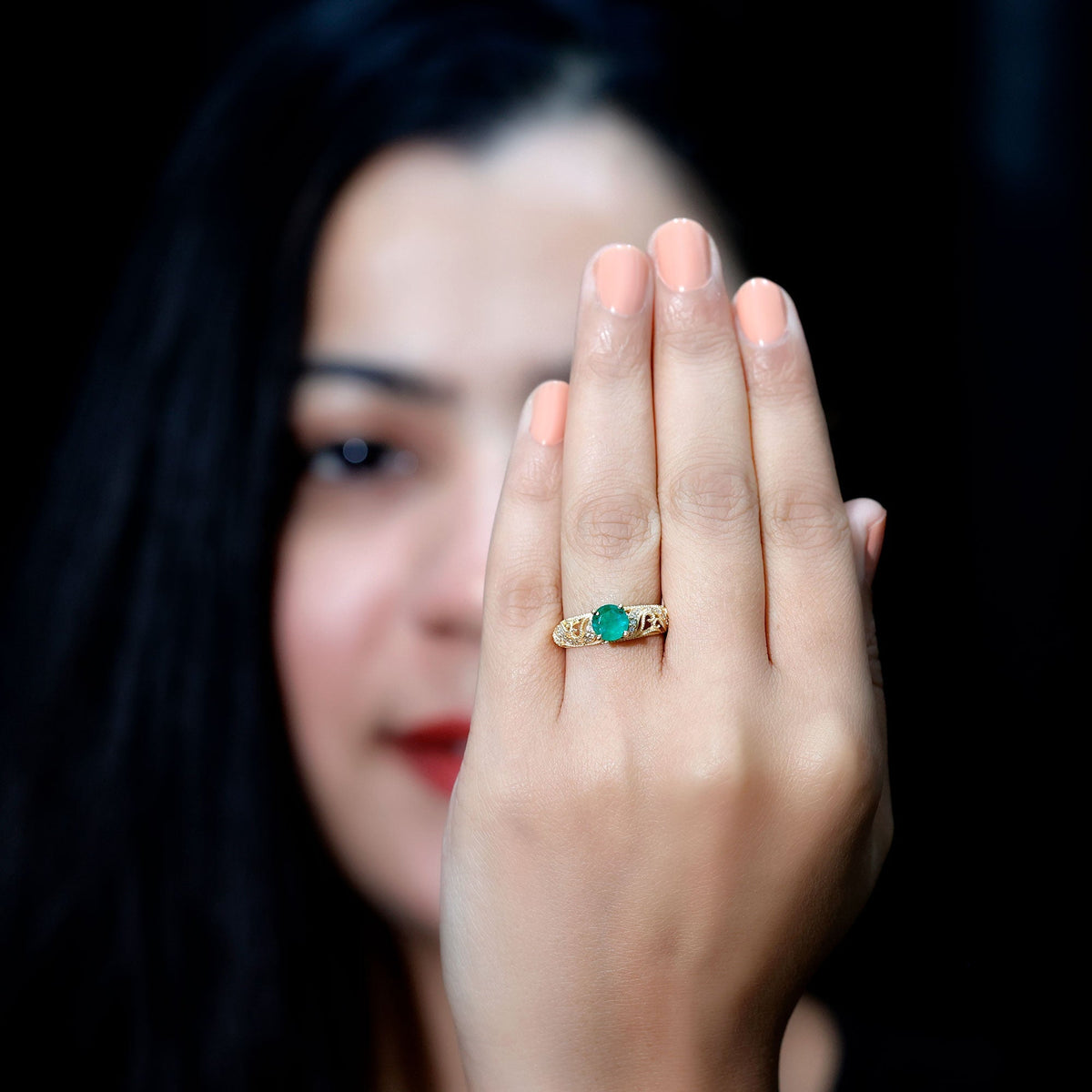 Emerald Engagement Ring - 5mm Round AAA Quality Emerald with HI-SI Diamonds & Vintage Style