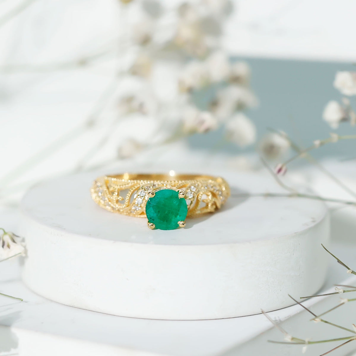 Emerald Engagement Ring - 5mm Round AAA Quality Emerald with HI-SI Diamonds & Vintage Style