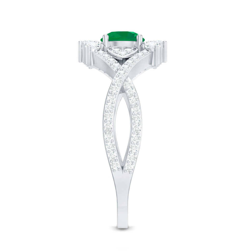Emerald Engagement Ring – Antique Style Crossover Shank with Diamond Accents