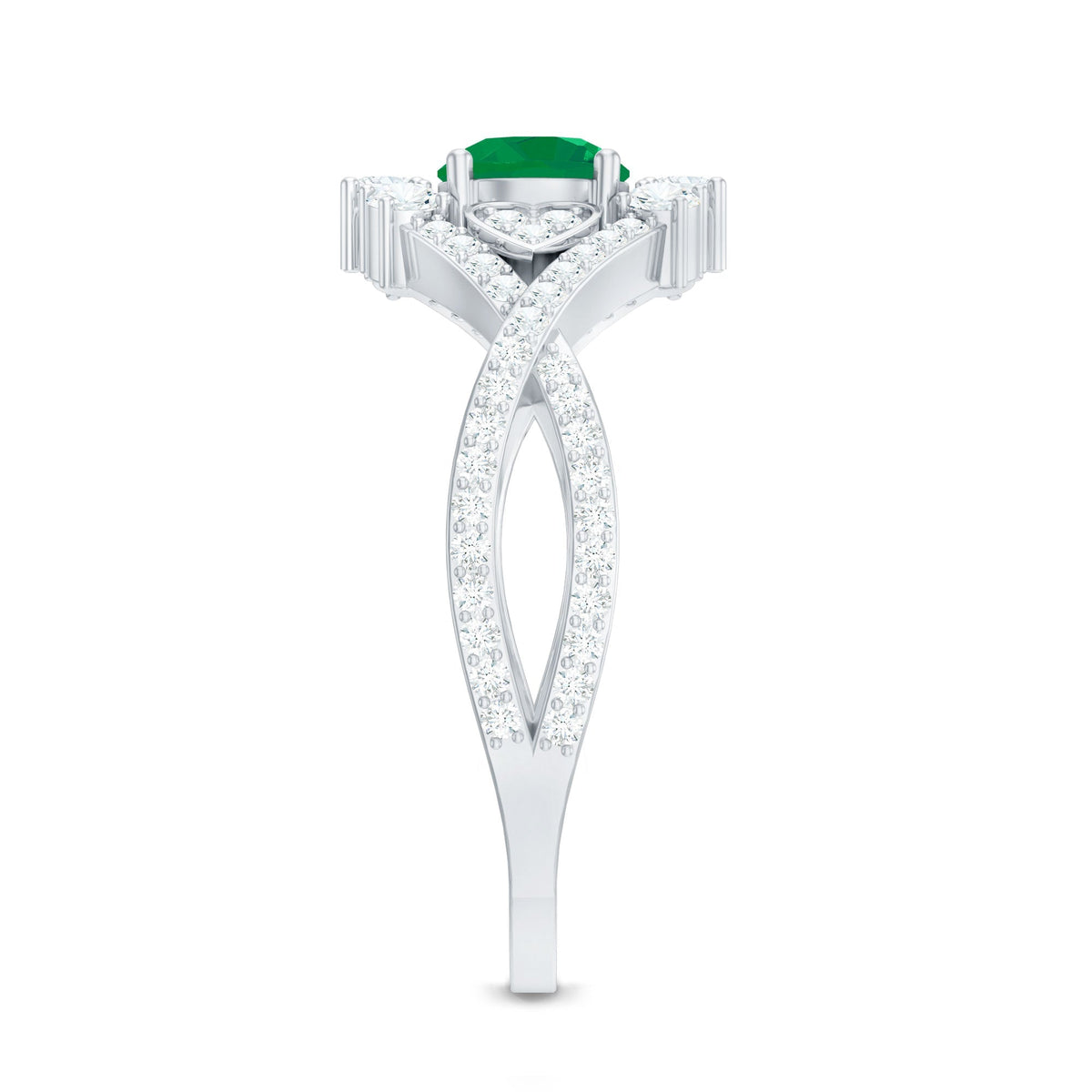 Emerald Engagement Ring – Antique Style Crossover Shank with Diamond Accents