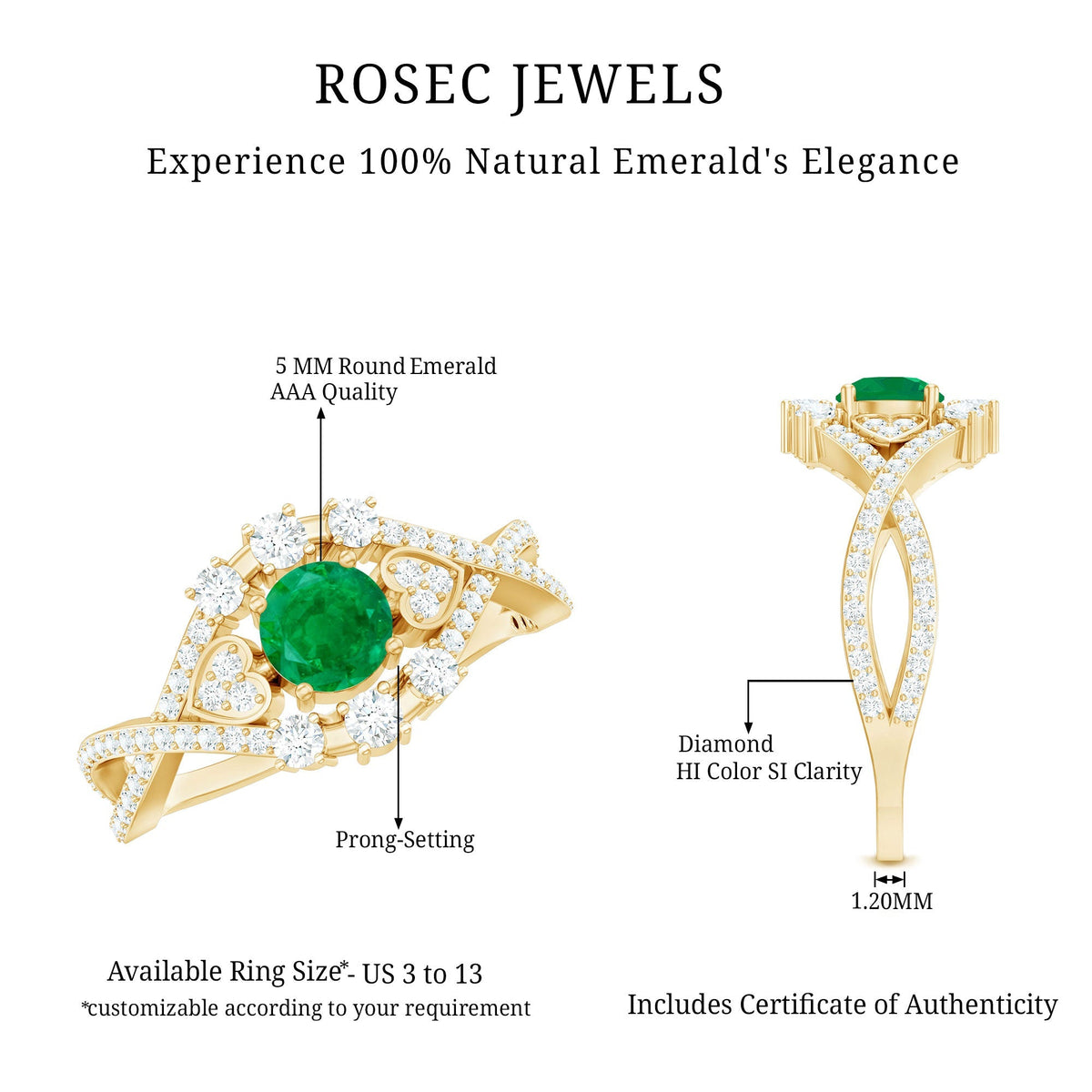 Emerald Engagement Ring – Antique Style Crossover Shank with Diamond Accents