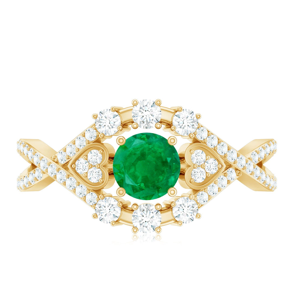 Emerald Engagement Ring – Antique Style Crossover Shank with Diamond Accents
