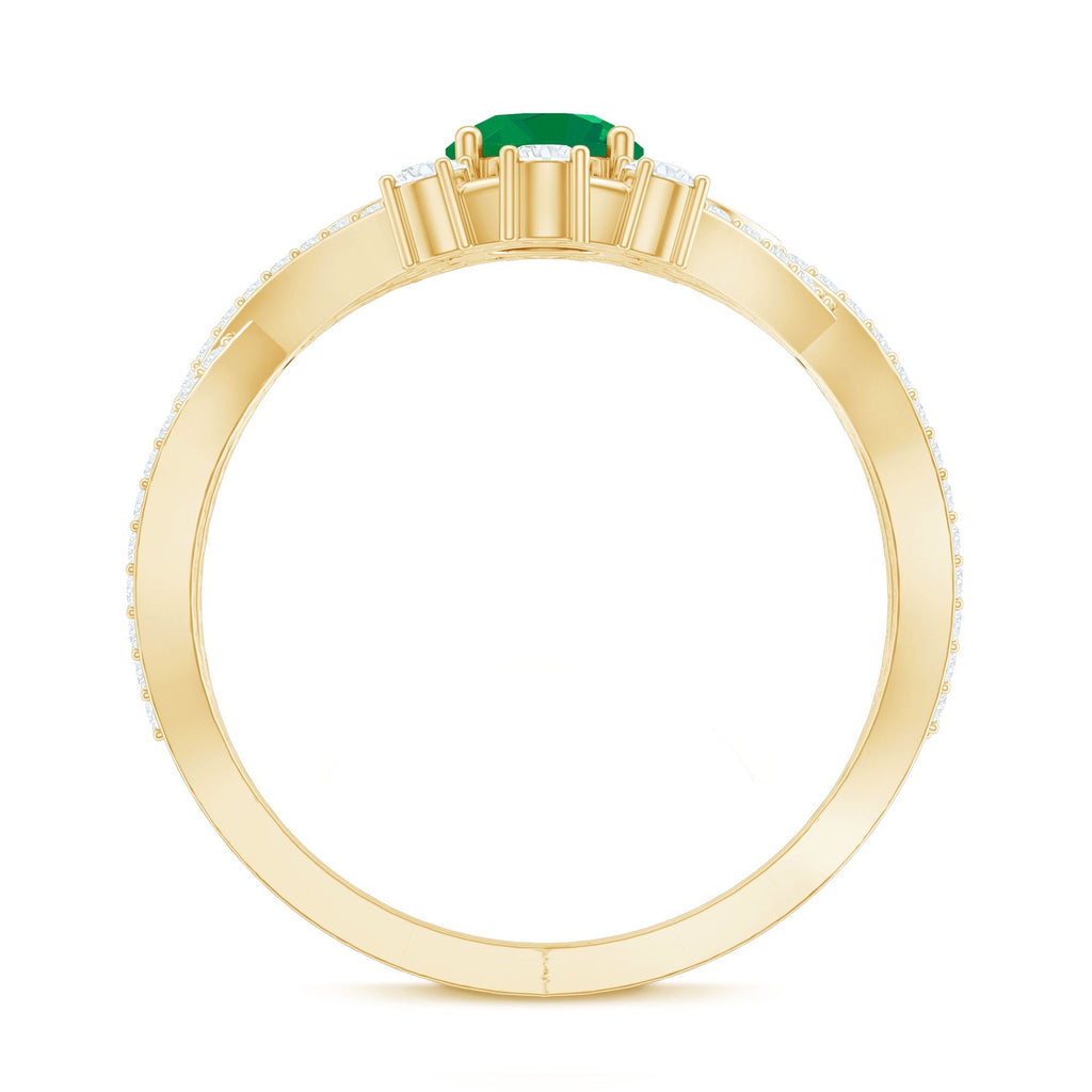Emerald Engagement Ring – Antique Style Crossover Shank with Diamond Accents