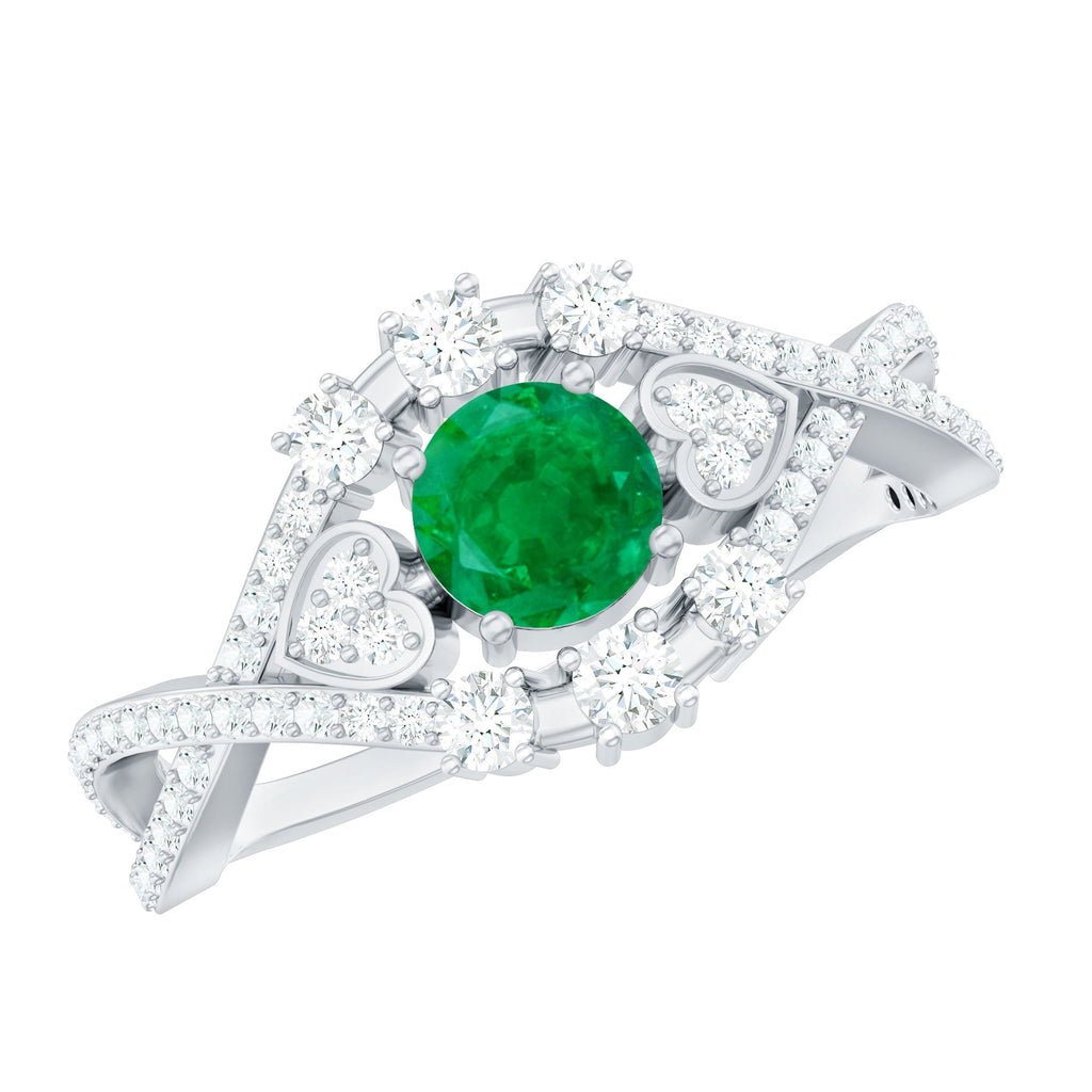 Emerald Engagement Ring – Antique Style Crossover Shank with Diamond Accents