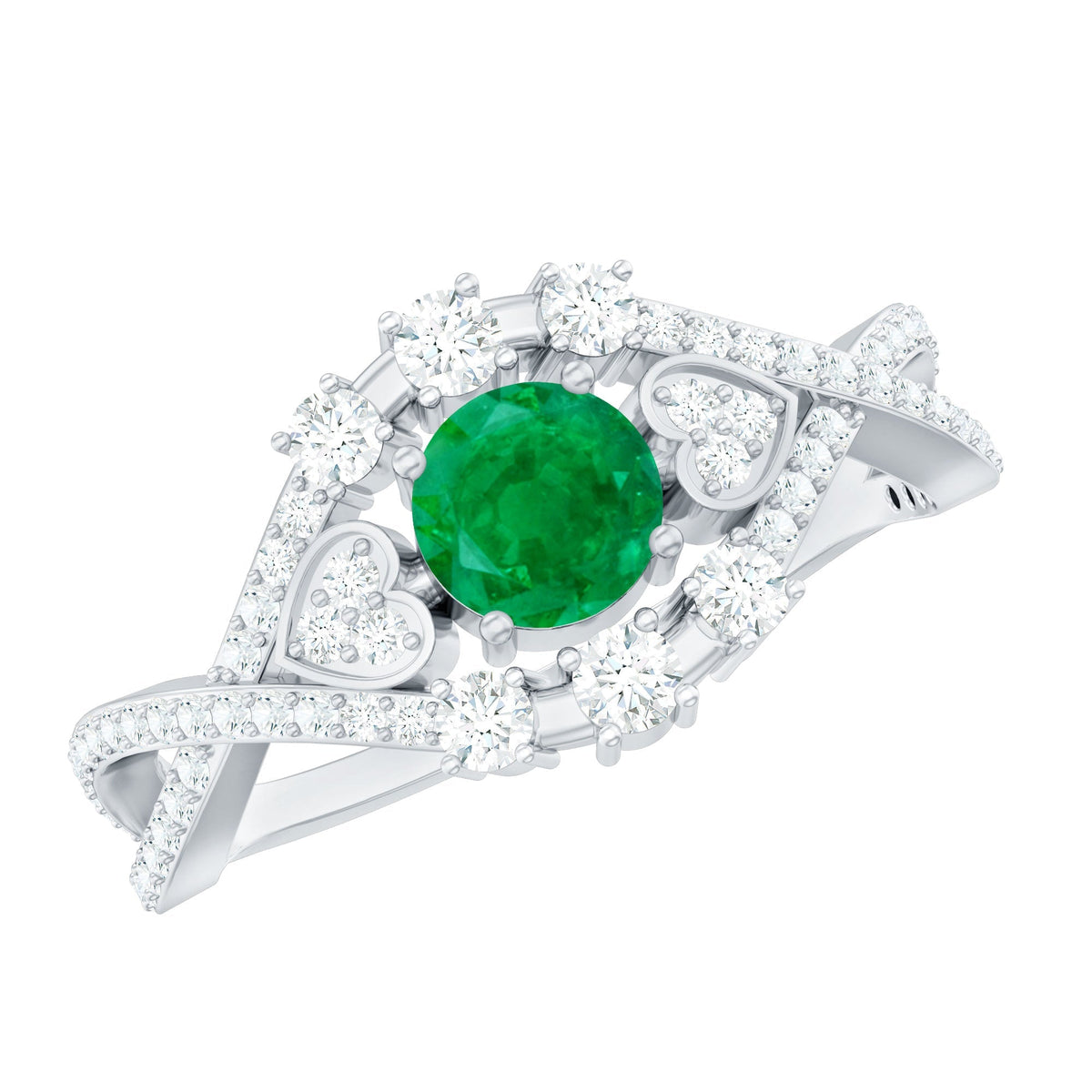 Emerald Engagement Ring – Antique Style Crossover Shank with Diamond Accents