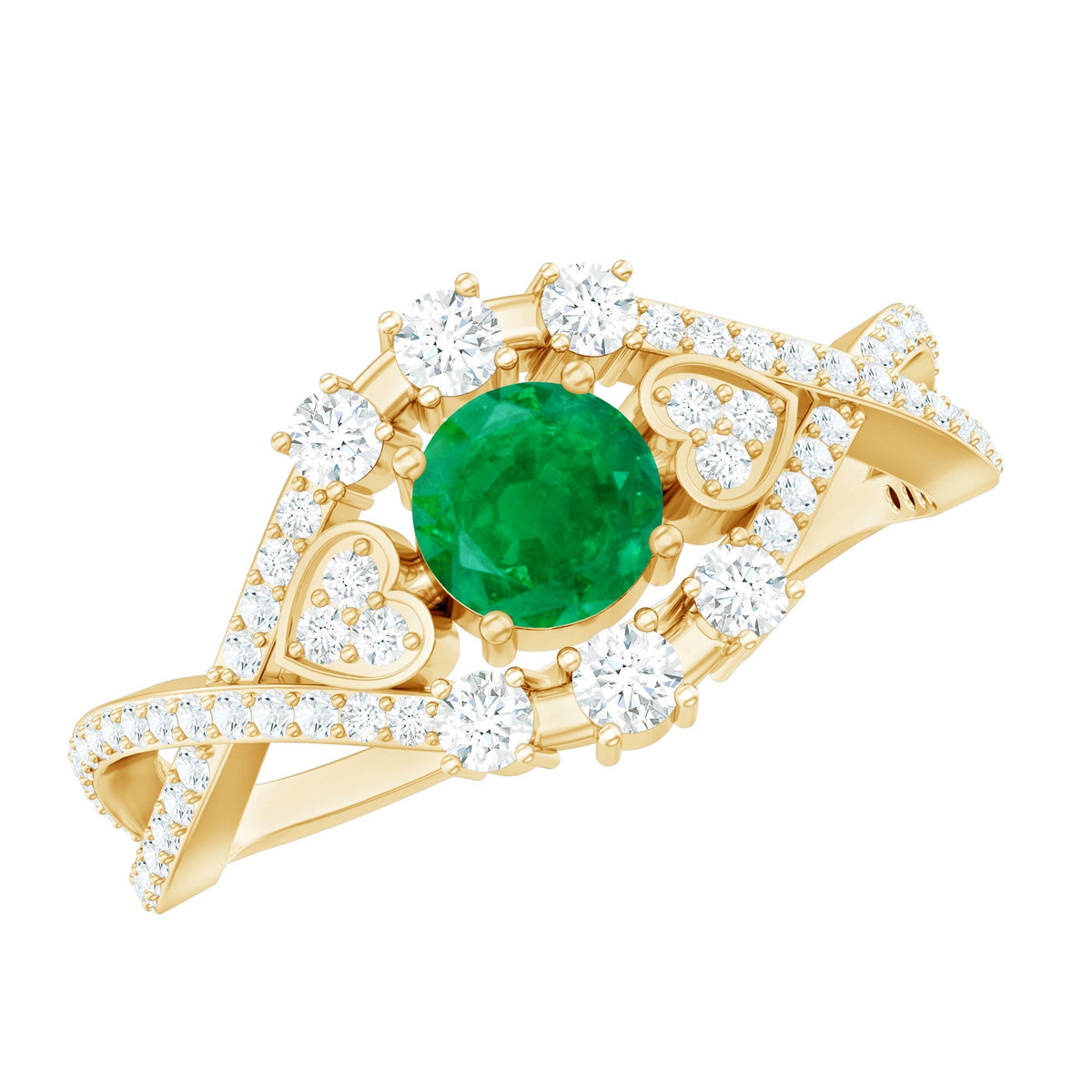 Emerald Engagement Ring – Antique Style Crossover Shank with Diamond Accents