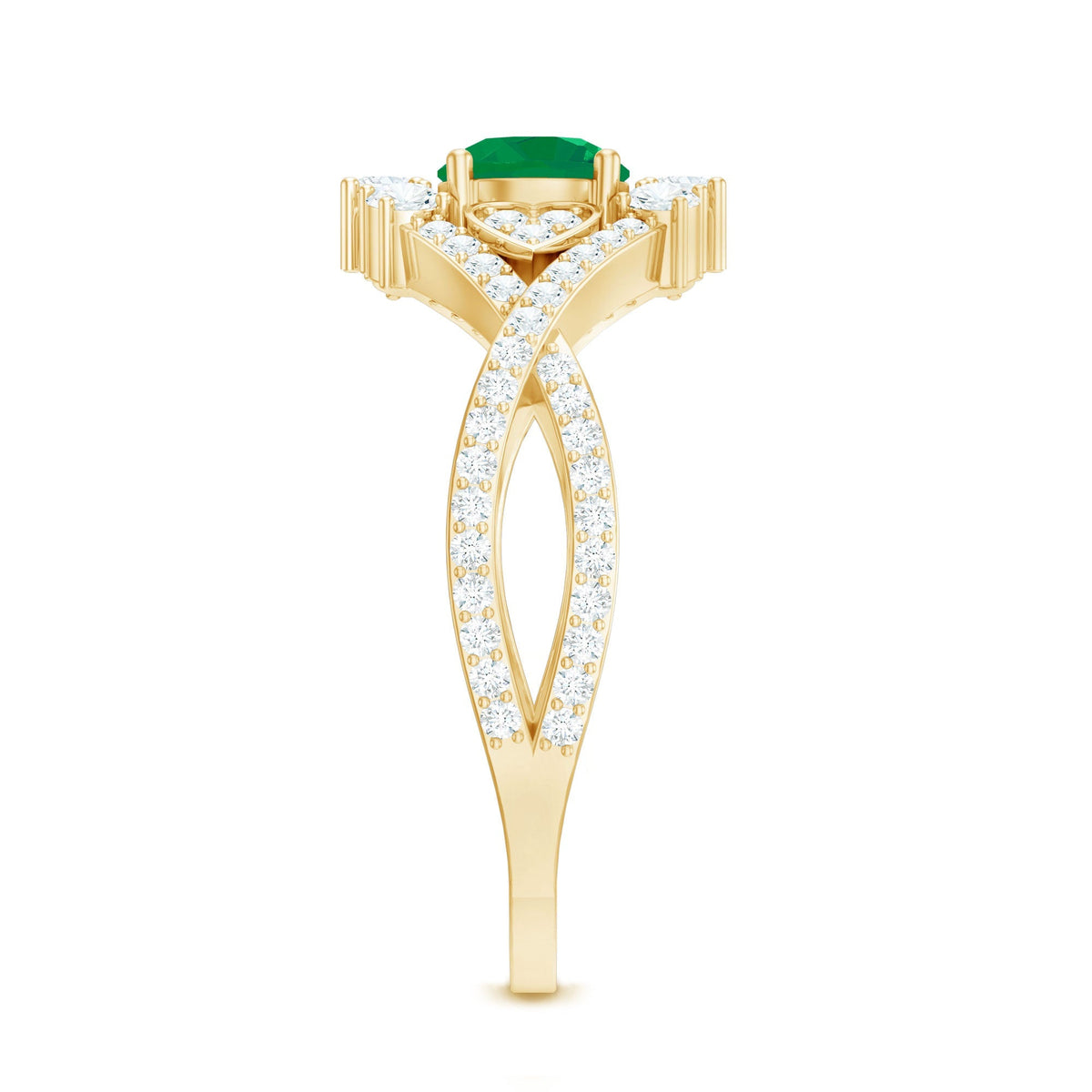 Emerald Engagement Ring – Antique Style Crossover Shank with Diamond Accents