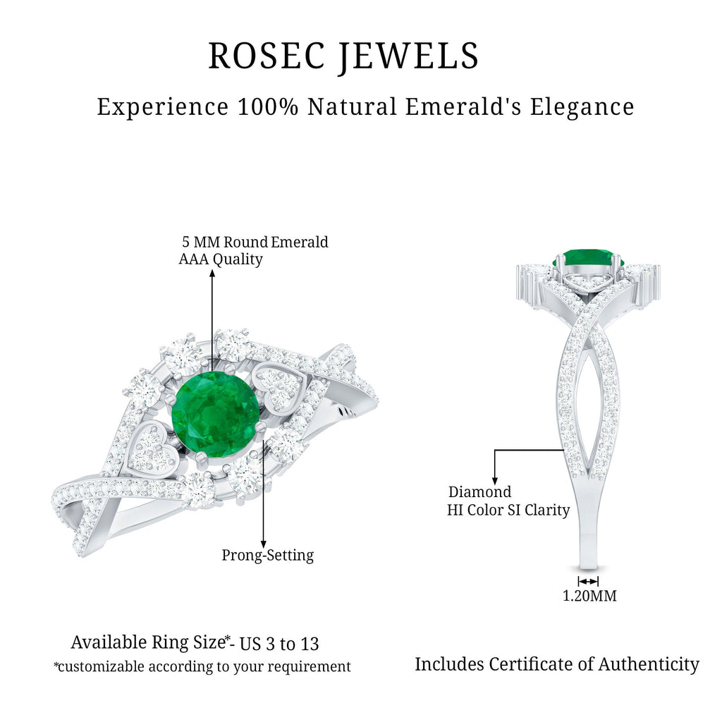 Emerald Engagement Ring – Antique Style Crossover Shank with Diamond Accents