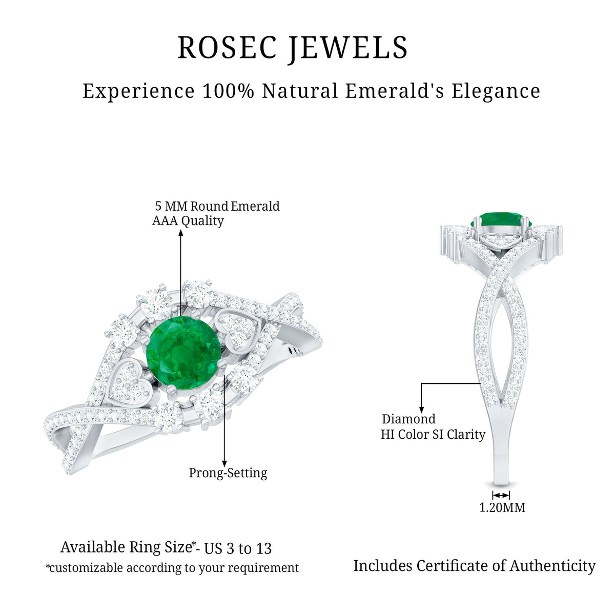 Emerald Engagement Ring – Antique Style Crossover Shank with Diamond Accents