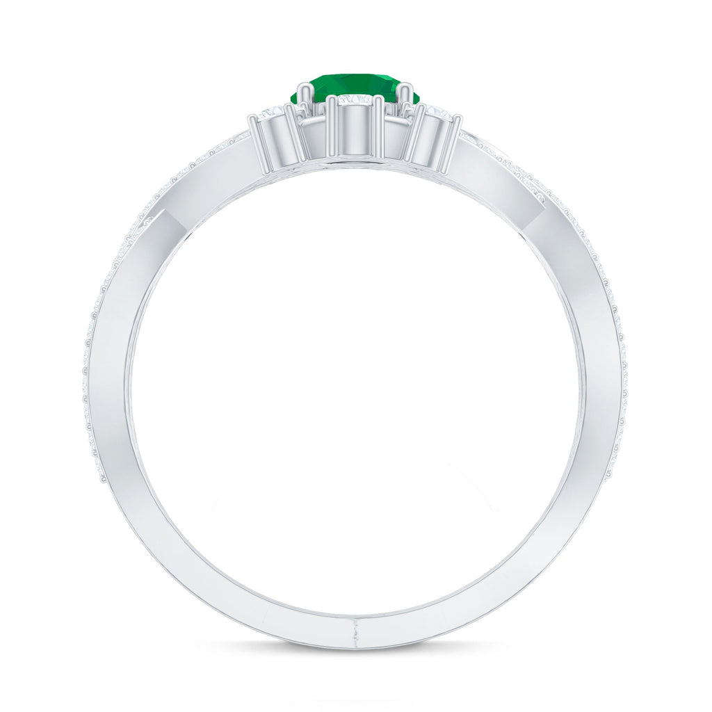 Emerald Engagement Ring – Antique Style Crossover Shank with Diamond Accents