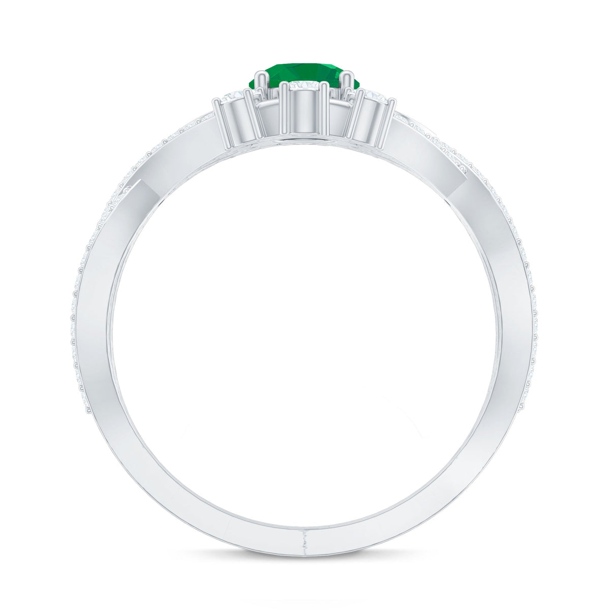 Emerald Engagement Ring – Antique Style Crossover Shank with Diamond Accents