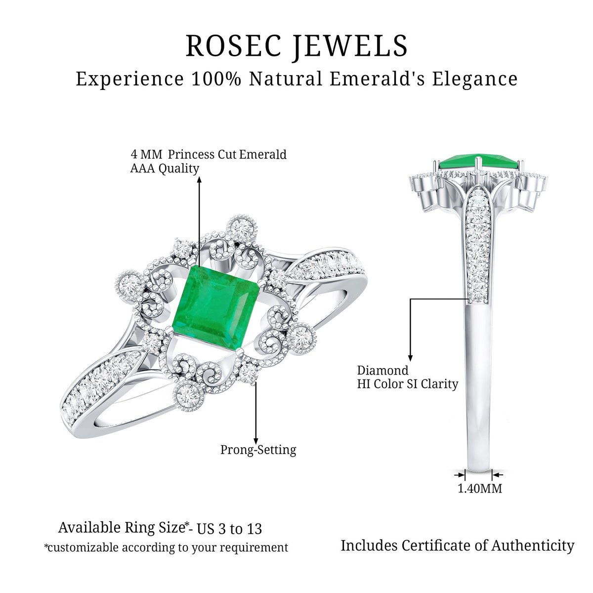 Emerald Engagement Ring – Antique Vintage Diamond Accent Princess Cut Design