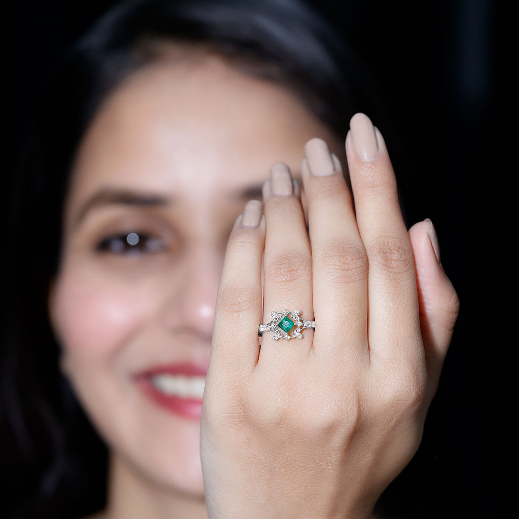 Emerald Engagement Ring – Antique Vintage Diamond Accent Princess Cut Design