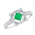 Emerald Engagement Ring – Antique Vintage Diamond Accent Princess Cut Design