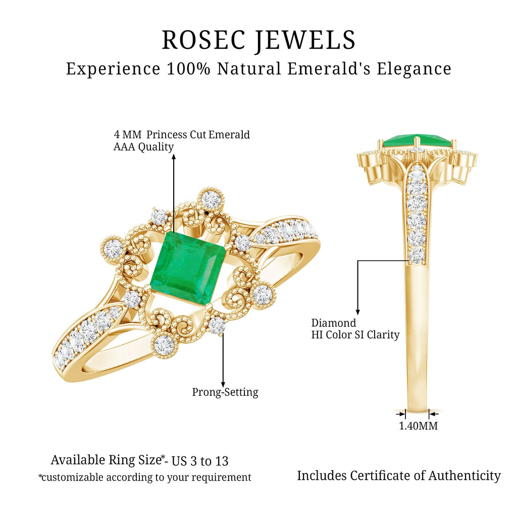 Emerald Engagement Ring – Antique Vintage Diamond Accent Princess Cut Design