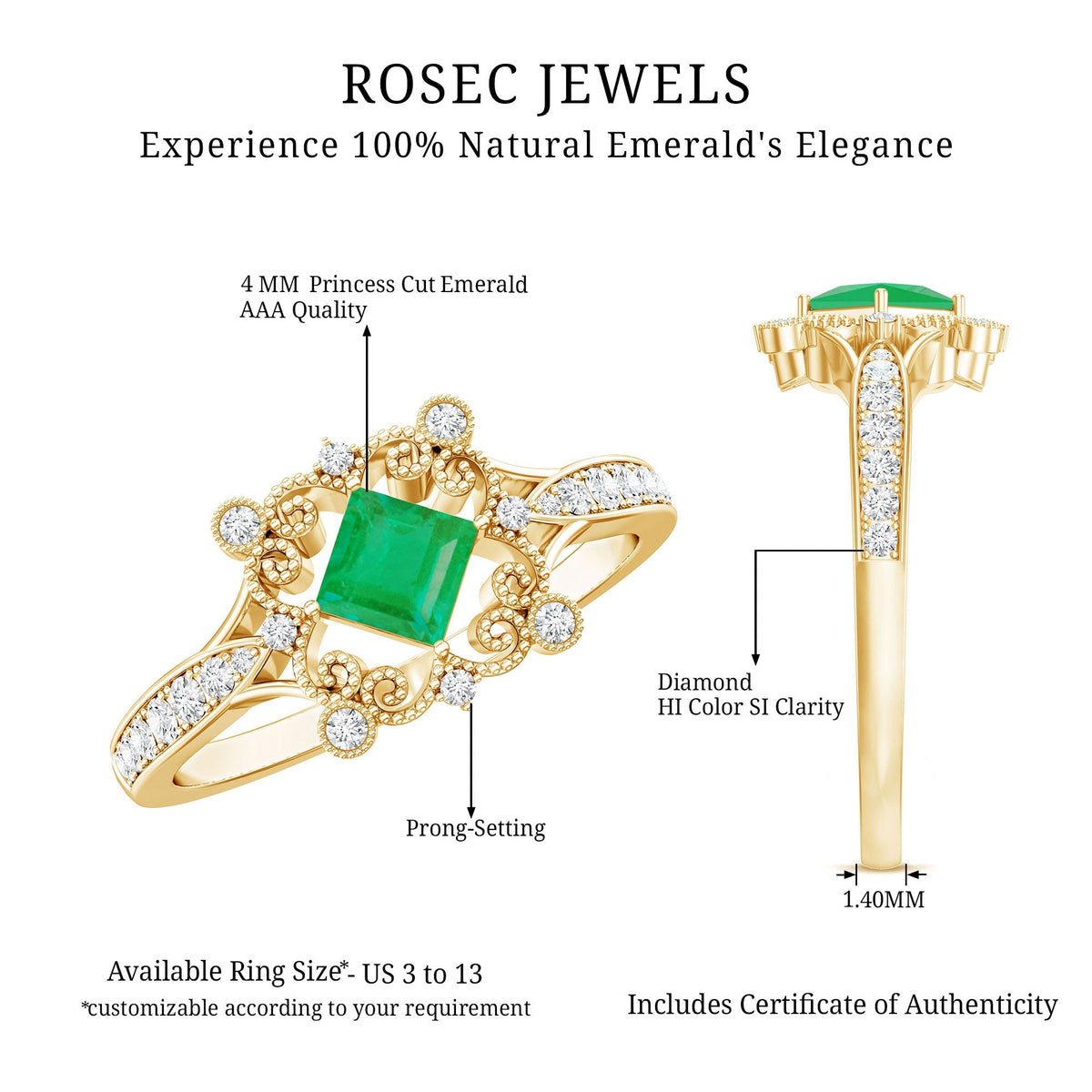 Emerald Engagement Ring – Antique Vintage Diamond Accent Princess Cut Design