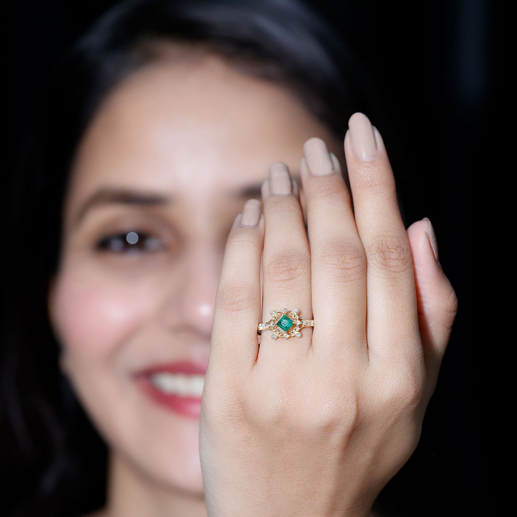 Emerald Engagement Ring – Antique Vintage Diamond Accent Princess Cut Design