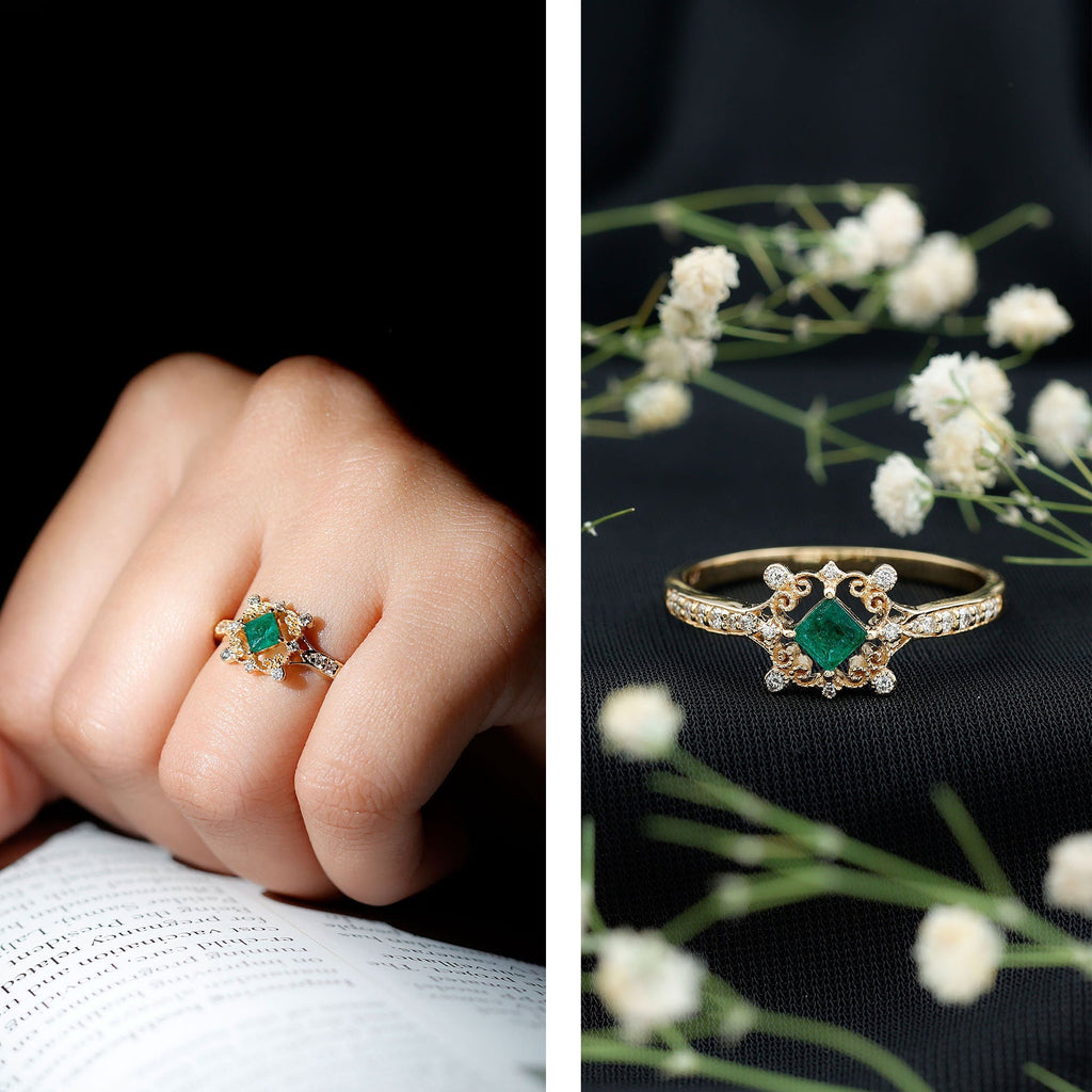 Emerald Engagement Ring – Antique Vintage Diamond Accent Princess Cut Design