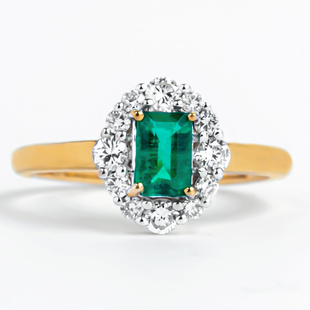 Emerald Engagement Ring – Classic Emerald Cut Ring with Diamond Halo Accent