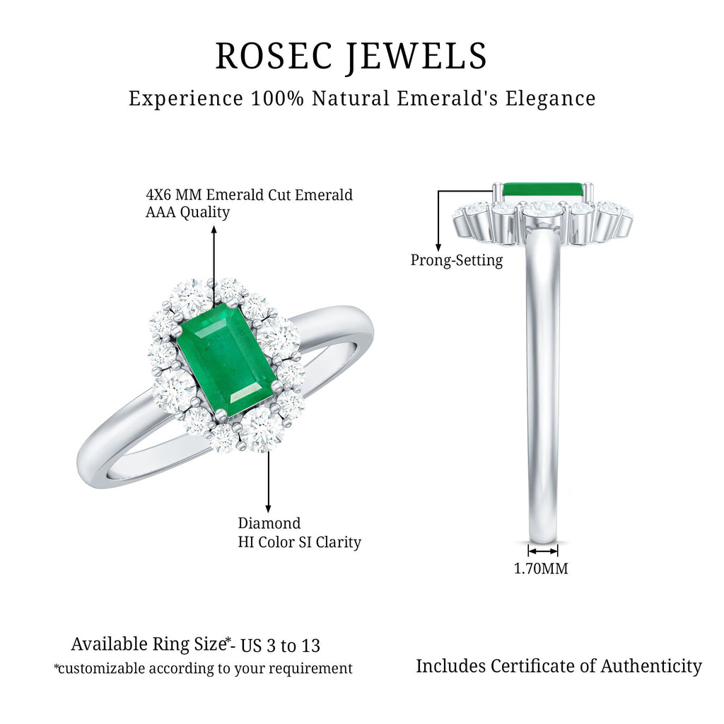 Emerald Engagement Ring – Classic Emerald Cut Ring with Diamond Halo Accent