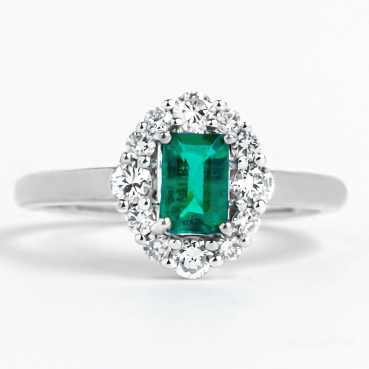 Emerald Engagement Ring – Classic Emerald Cut Ring with Diamond Halo Accent