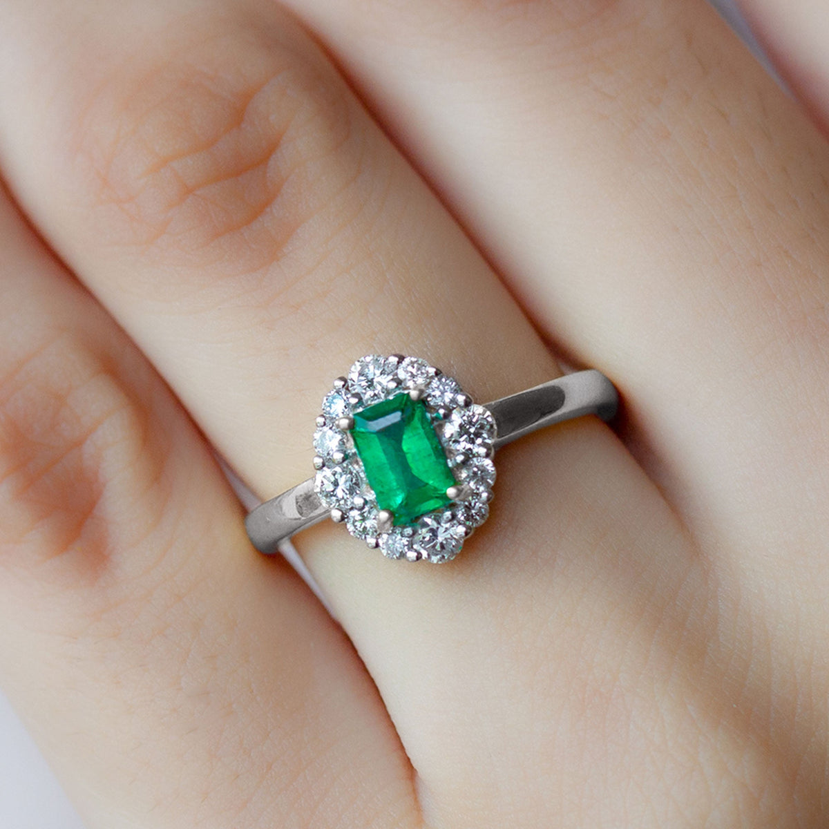 Emerald Engagement Ring – Classic Emerald Cut Ring with Diamond Halo Accent