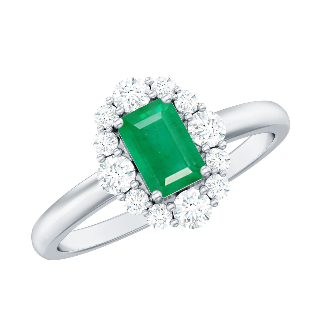 Emerald Engagement Ring – Classic Emerald Cut Ring with Diamond Halo Accent