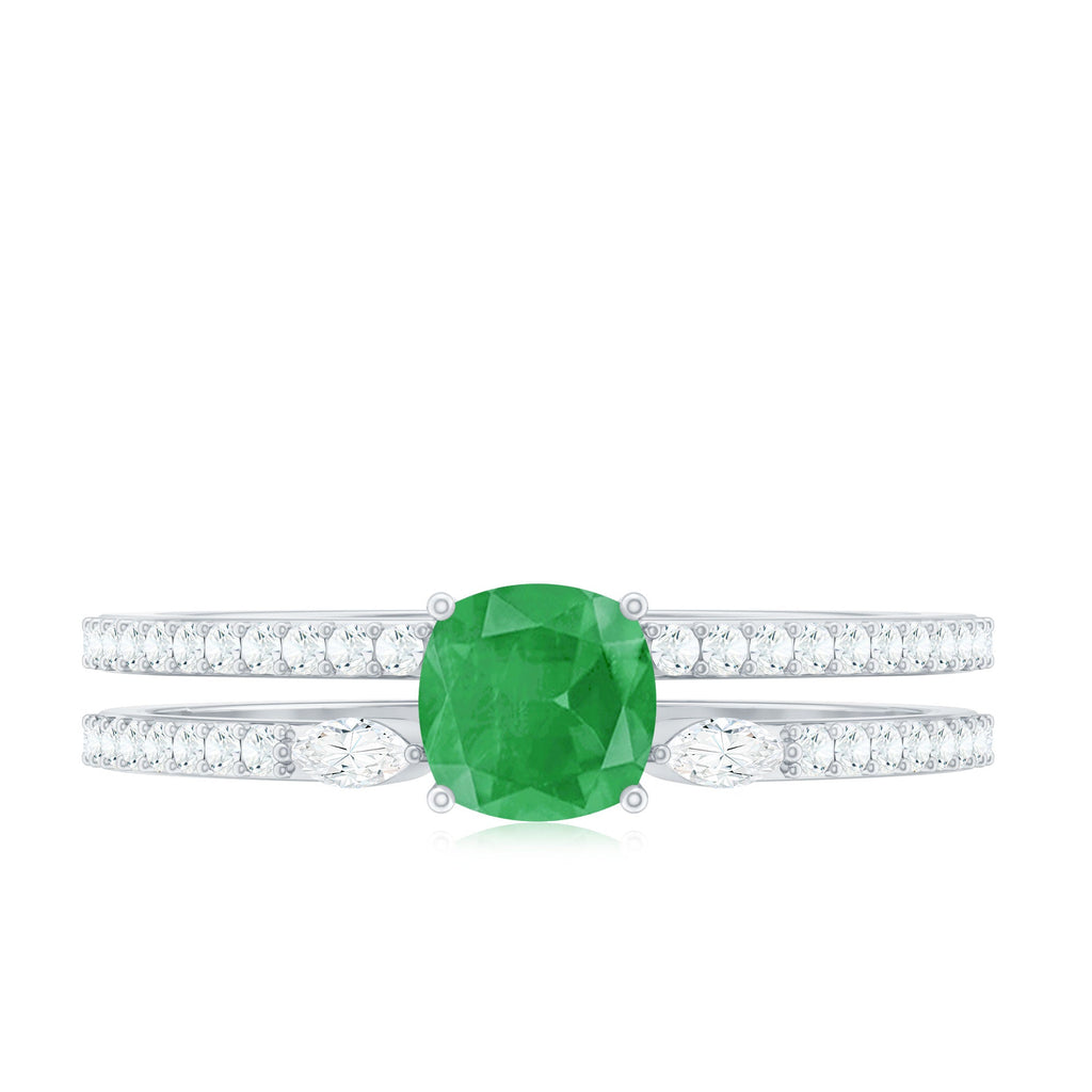 Emerald Engagement Ring – Cushion Cut Emerald Double Band Ring with Sparkling Diamond Bands