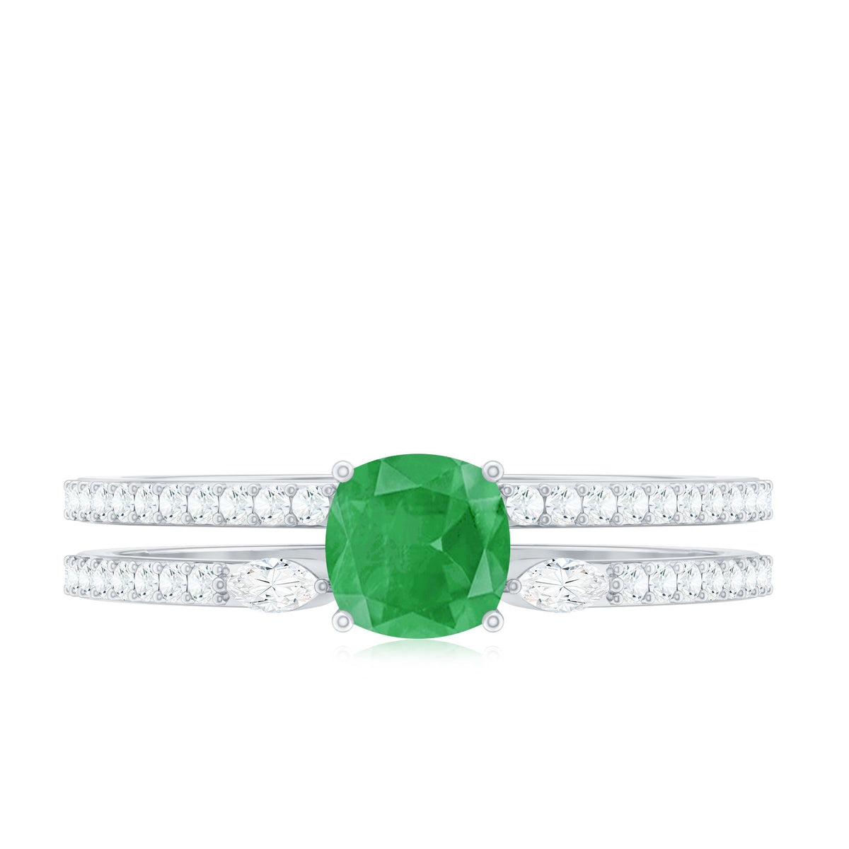 Emerald Engagement Ring – Cushion Cut Emerald Double Band Ring with Sparkling Diamond Bands