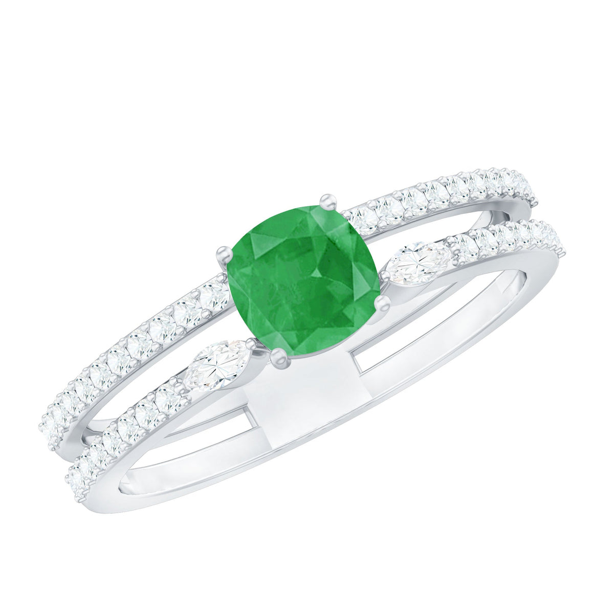 Emerald Engagement Ring – Cushion Cut Emerald Double Band Ring with Sparkling Diamond Bands