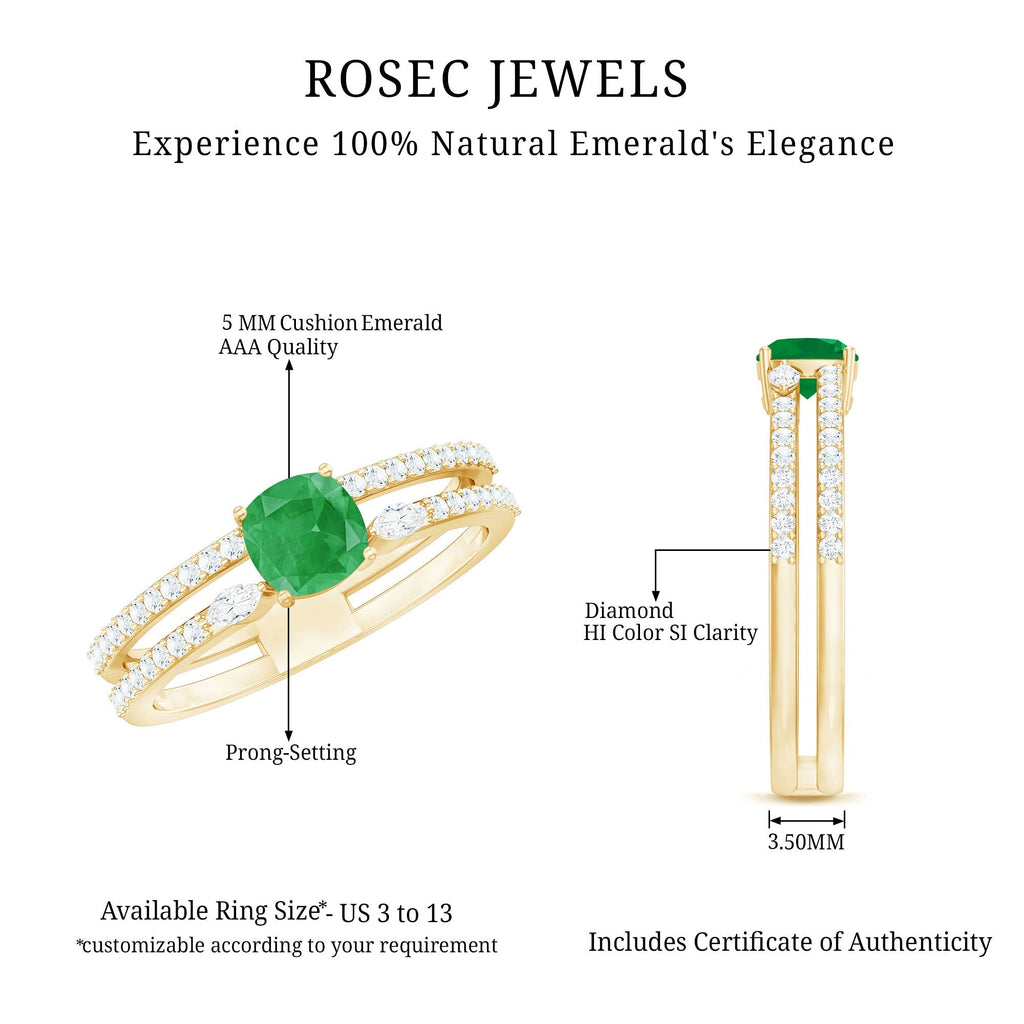 Emerald Engagement Ring – Cushion Cut Emerald Double Band Ring with Sparkling Diamond Bands
