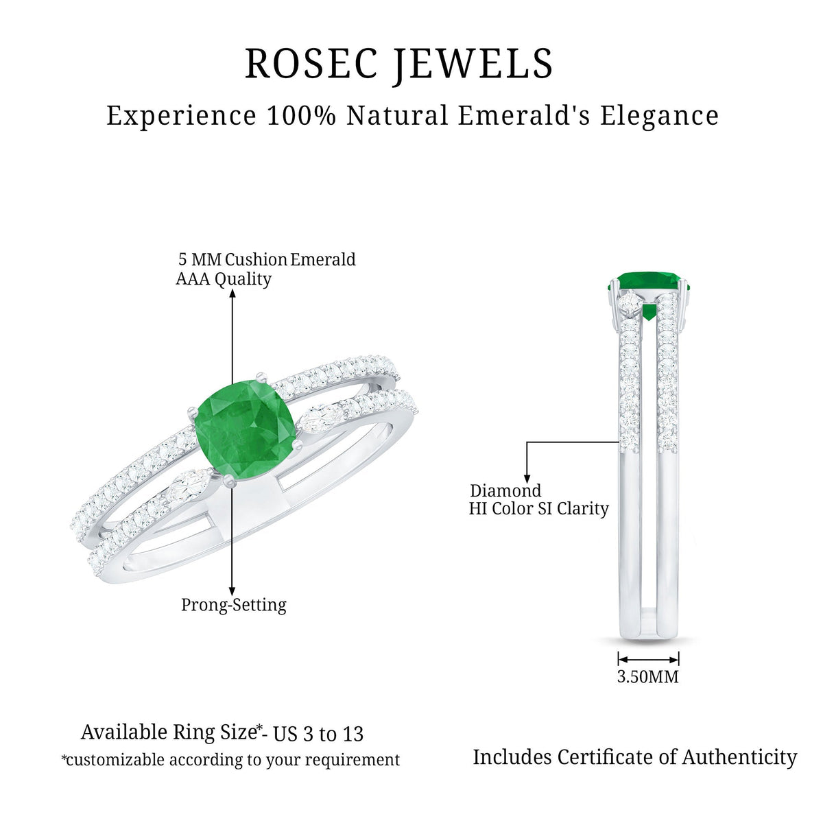Emerald Engagement Ring – Cushion Cut Emerald Double Band Ring with Sparkling Diamond Bands