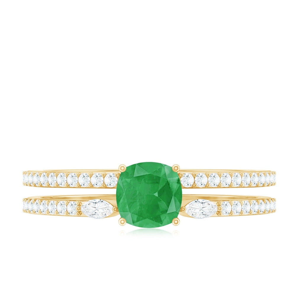 Emerald Engagement Ring – Cushion Cut Emerald Double Band Ring with Sparkling Diamond Bands