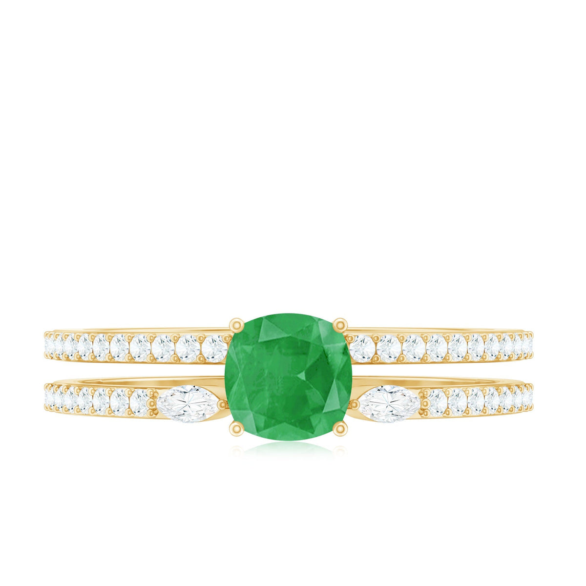 Emerald Engagement Ring – Cushion Cut Emerald Double Band Ring with Sparkling Diamond Bands