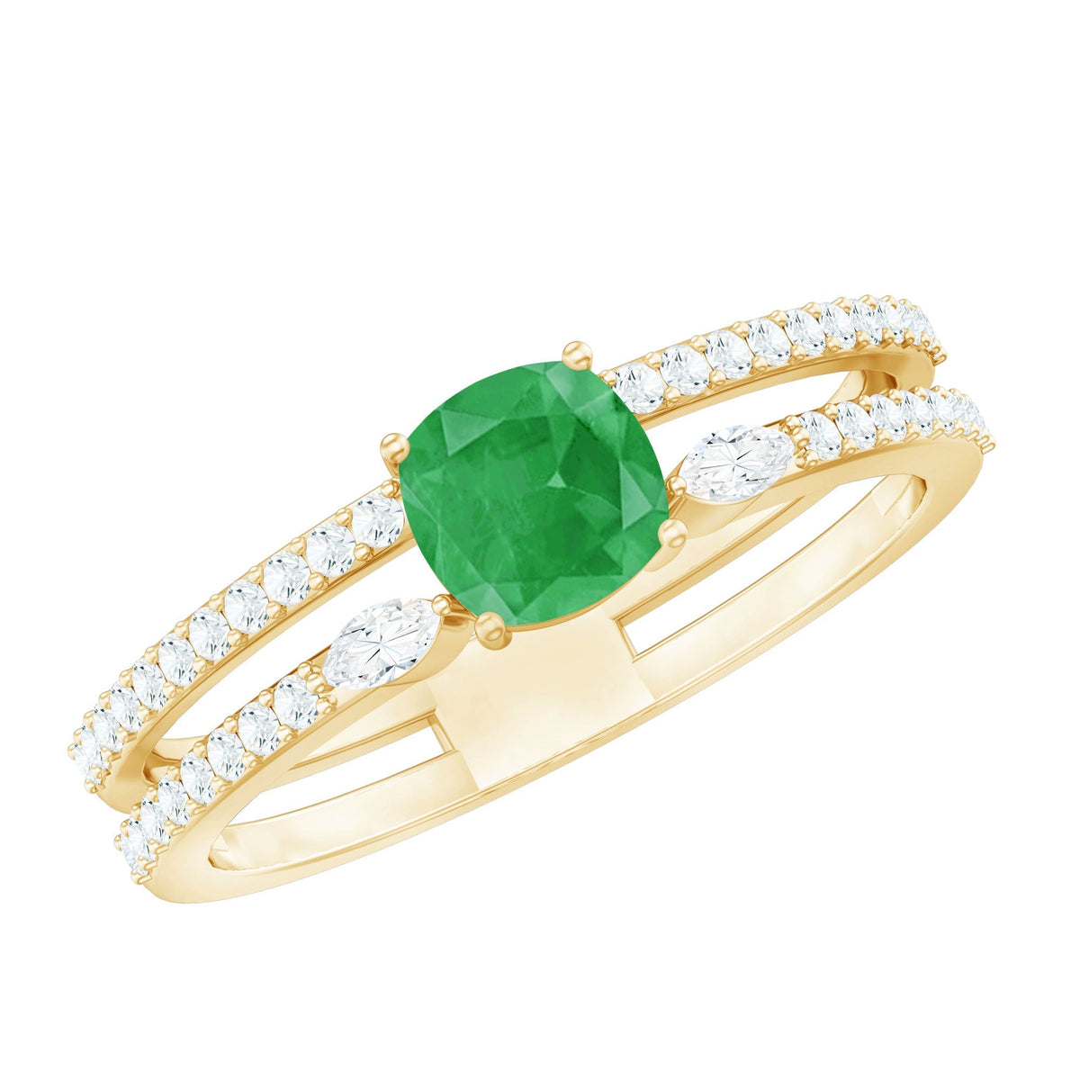 Emerald Engagement Ring – Cushion Cut Emerald Double Band Ring with Sparkling Diamond Bands